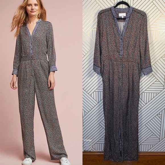 Anthropologie ett:twa Christene Silken Jumpsuit Long Sleeve Color Print Size 6